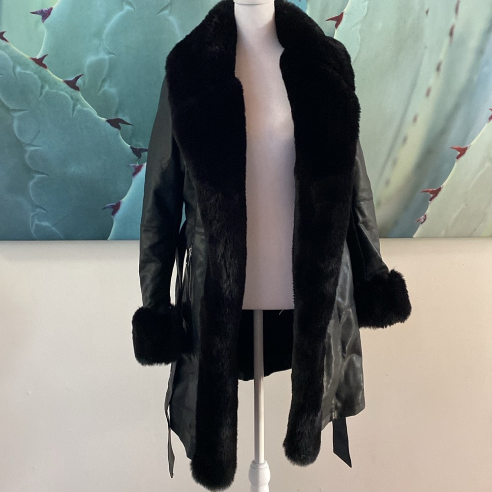 AZALEA WANG GRAM GIRL PU VEGAN LEATHER AND FAUX FUR TRIM WRAP COAT - Picture 2 of 7